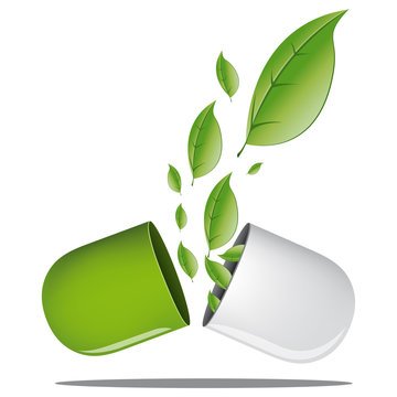 Image représentant une pillule ouverte avec des feuilles vertes